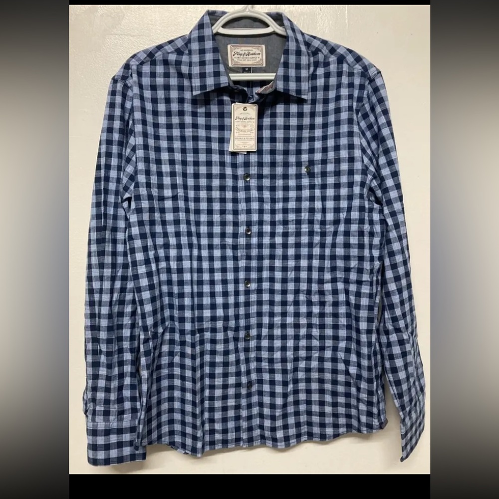 Flag & Anthem Mens Plaid Shirt Button Up Medium Blue Navy White Light Weight NWT